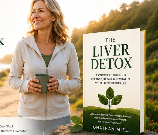 Healthy woman outdoors holding tea with The Liver Detox book